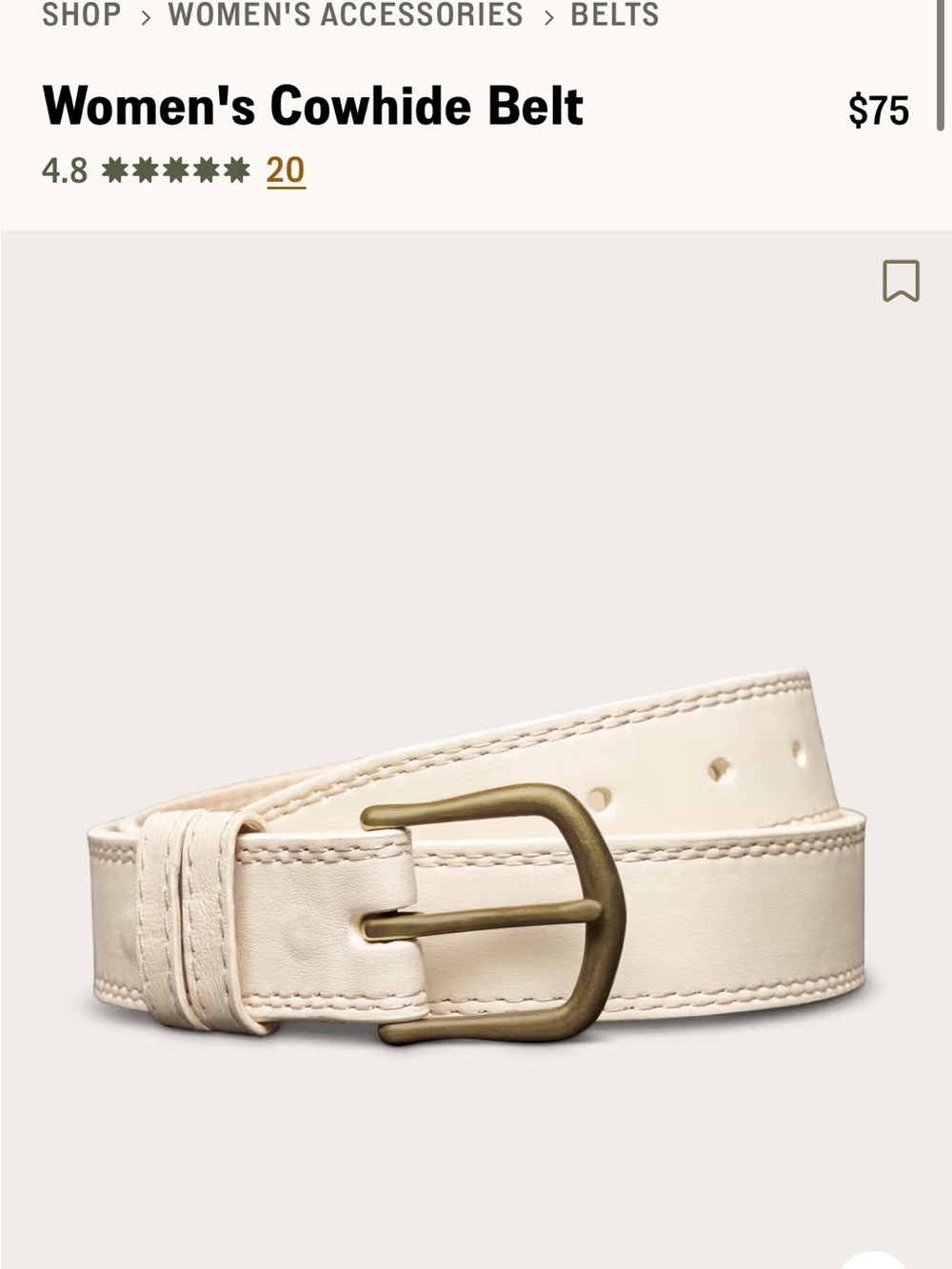 Tecovas Cream Cowhide Belt with Brass-Tone Buckle